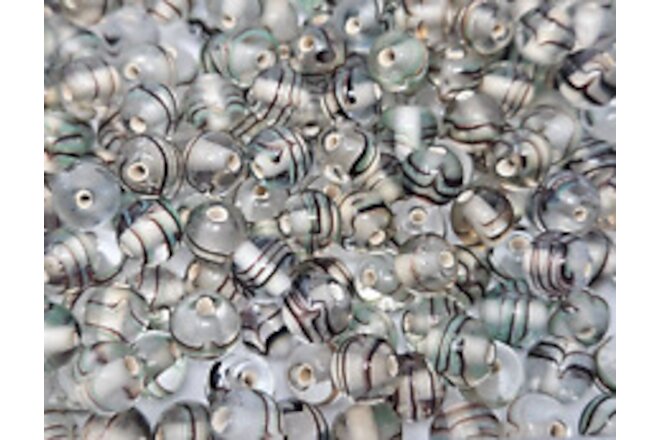 50 pcs VTG Clear Green Striped Swirled Lampwork Glass Jewelry Beads 9mm Round