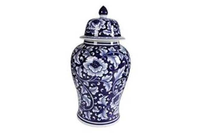 Floral Design Ginger Jar with Lid and White Blue