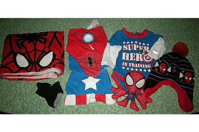 LOT of Spider-Man,Marvel Baby Items:Towel, Bibs, PlushToy, Knit Hat, One-Piece