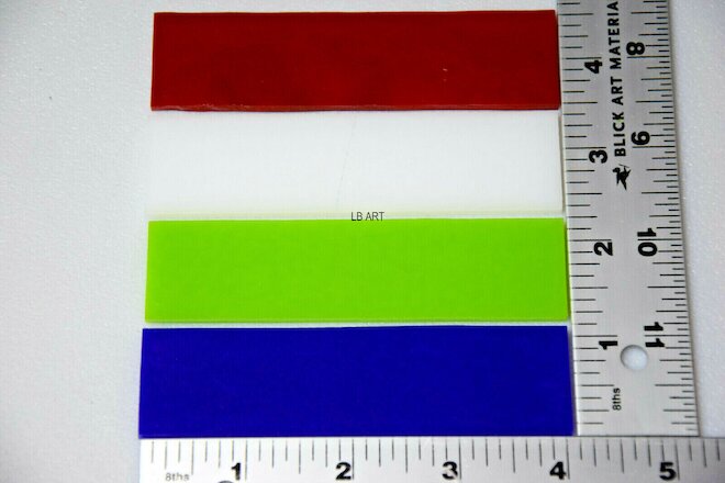 4 PIECES-1"x 4" RED, WHITE, GREEN, BLUE BULLSEYE 3mm THICK GLASS STRIPS 90 COE