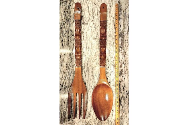 Vintage Large Wooden Fork And Spoon. Giant Silverware Carved Tiki Monkeypod Wood