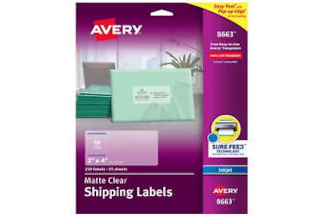 Matte Clear Shipping Labels, Sure Feed Technology, Inkjet, 2" x 4", 250 La