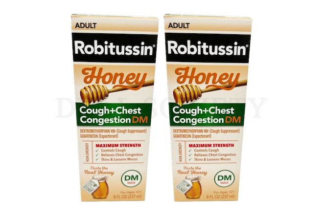 Lot of 2 - Robitussin Maximum Strength Honey Cough + Chest Congestion DM - 8 Oz