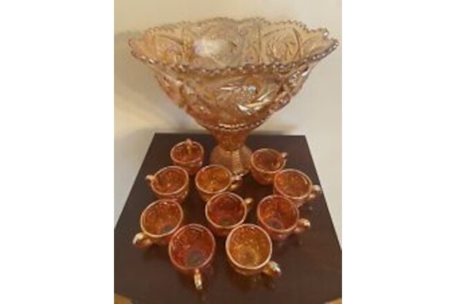 Imperial Marigold Carnival Glass 500 Punch Bowl Set w/ Stand 11 Cups Org Sticker