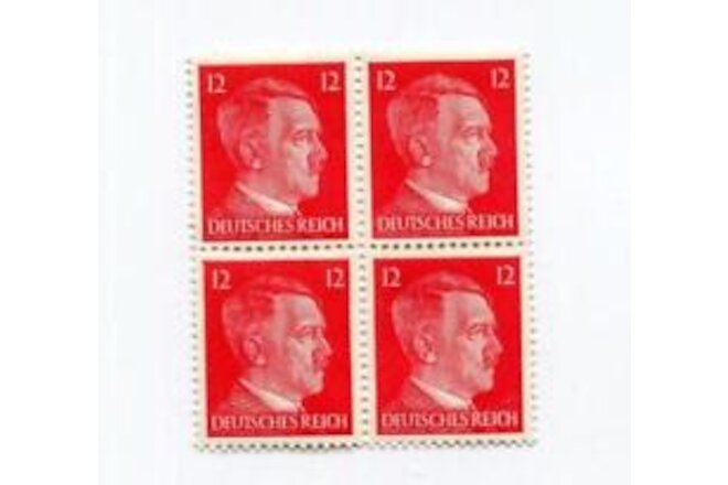 Block of Four World War 2  WW2 German 12P RARE Red HITLER HEAD Stamps