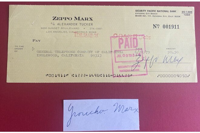 GROUCHO and ZEPPO MARX Autographed check and Album Page