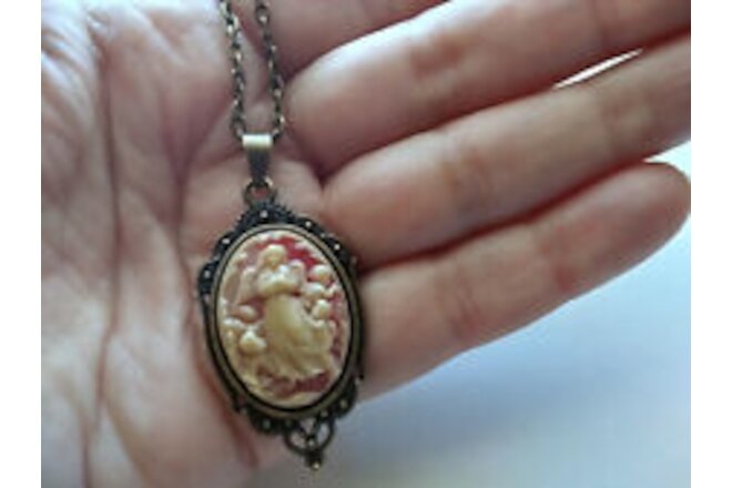 Rococo Guardian Angel Cameo pendant Ivory Shell look bronze chain necklace OOAK!