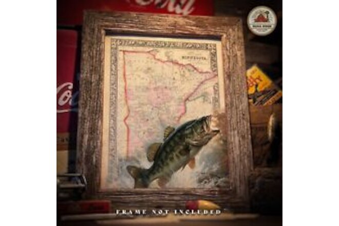 Largemouth Bass Minnesota State Map Art Print Vintage Fishing Lures Wall Decor