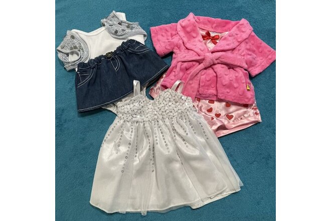 Build A Bear Clothes - White Dress, PJs and robe, Blue Jean skirt, Top and Vest