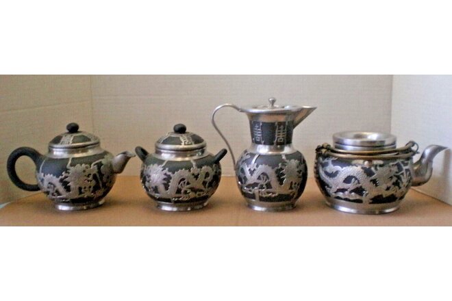 4 Pcs, Antique Chinese Qing Teapots, Milk, Sugar Pewter Dragon Black Yixing Clay