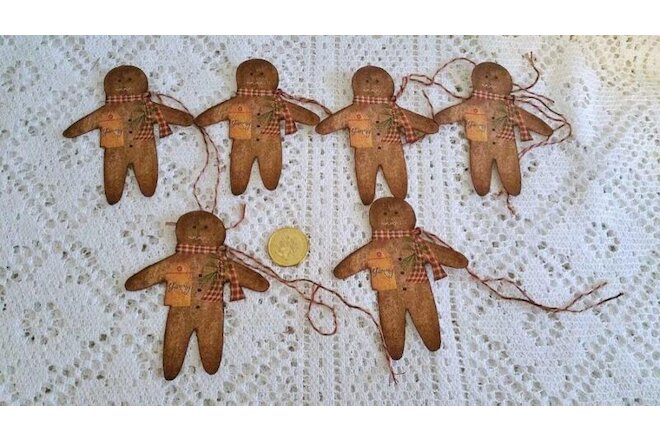 6~Christmas~Primitive~Gingerbread Man~Linen Cardstock~Gift~Hang~Tags~Ornies