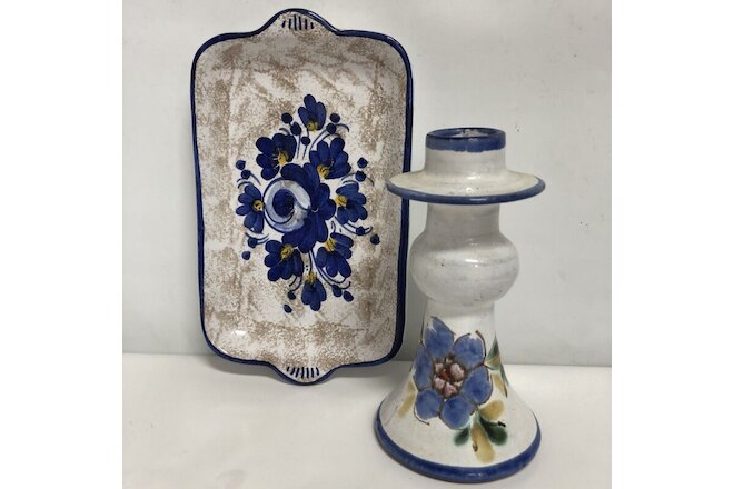 Studio Art Pottery Italy Sorrento Vanity Tray+Candle Holder artist sign Blue VTG