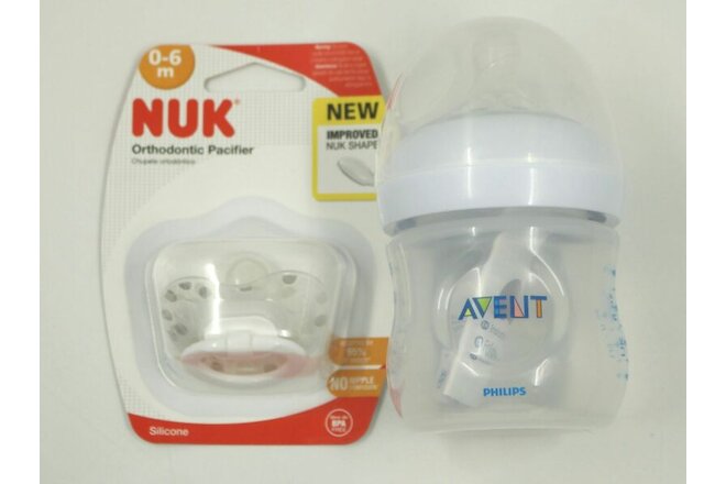 Philips Avent Natural Baby Bottle Clear 4oz + Nuk 0-6m Orthodontic Pacifier