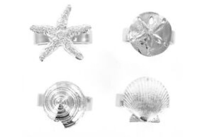 Pewter Seaside Seashell Starfish Napkin Rings Set of 4