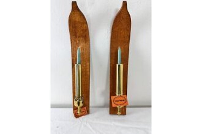 "Ski tip" Pair Wall Sconces Candle Holders Wood Gold Brass Simple 22" x 3.75"