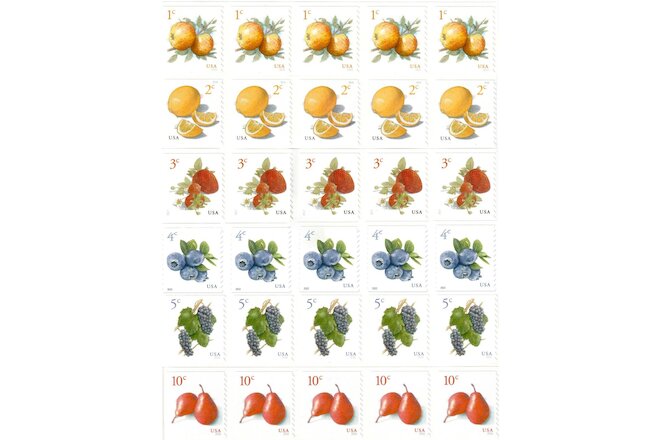 US Fruit Strips x6 Varieties 5 Stamps Each - #s 5037 5256 5201 5652 5038 5039
