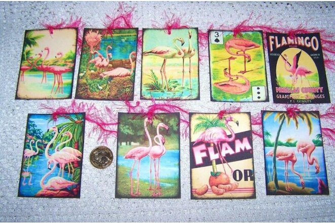 9~Vintage Inspired~Retro~Pink~Flamingo~Linen Cardstock~Gift~Hang~Tags