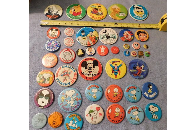 Vintage Snoopy Peanuts Mickey Mouse Disneyland Sesame Street Button Pin 44 Lot