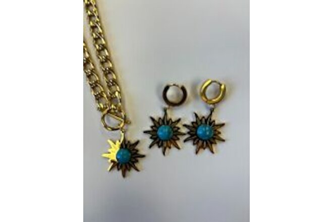 Turquoise and Gold Egypt Sun Chain Necklace and Earrings Set