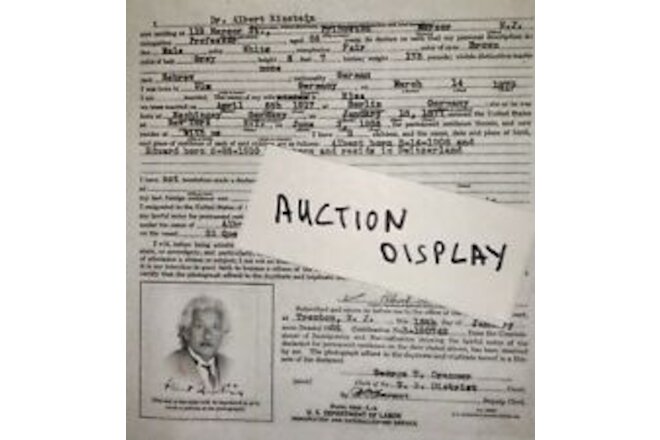 Albert Einstein Immigration Form with Signed Photo