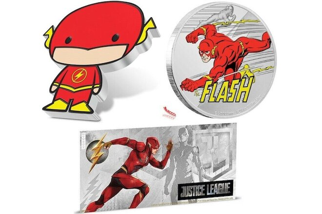 SILVER THE FLASH CHIBI, JUSTICE LEAUGE 6Oth COIN & THE FLASH SILVER NOTE FOIL