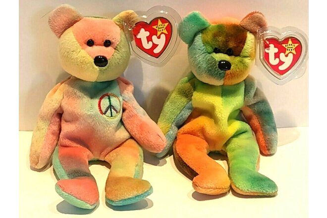 Ty Beanie Babies 8" Plush Bears Garcia 1993 & Peace Bear 1996 w Tags 3+
