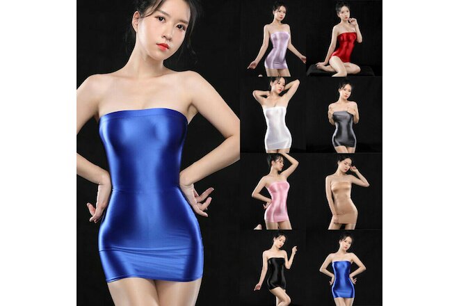 US Sexy Lingerie Women Bodycon Dress Tube Top Mini Dress Shiny Silky Clubwear