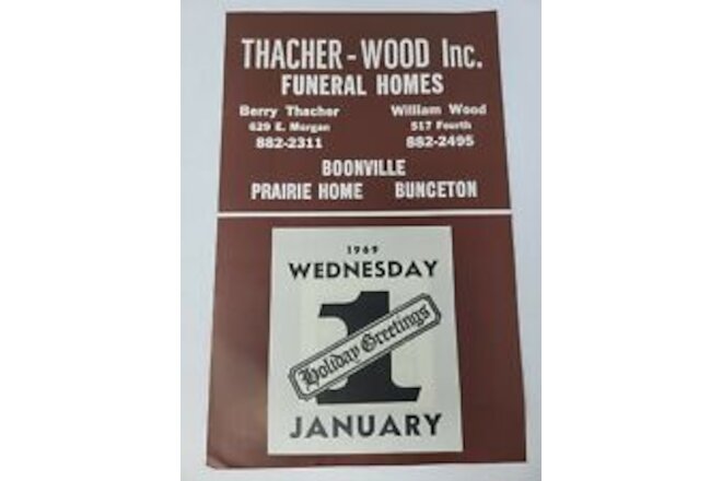 Thacher-Wood Funeral Home 1969 Vtg Salesman Sample Advertising Calendar Missouri