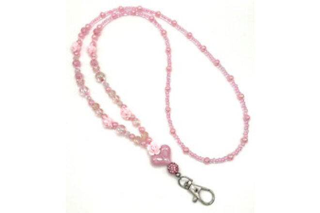 ID Badge Beaded Lanyard: PINK Roses, Rhinestones, Acrylic & Glass Beads 32" +3"