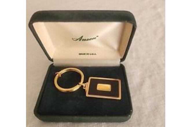 New Vintage Anson Black Enamel Key Chain Gold Tone Engraveable Split Key Ring