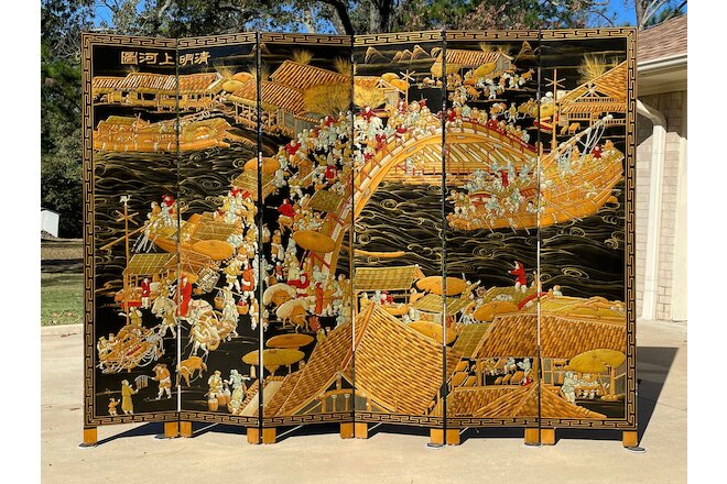6-Panel Chinese Black Gold Coromandel Chinoiserie Lacquered Wood Divider Screen