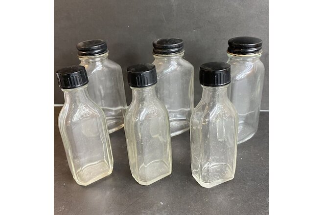 LOT (6) VTG Bottles 2 Sizes Clear Glass 3" Jar Screw-on Lid Apothecary Spice