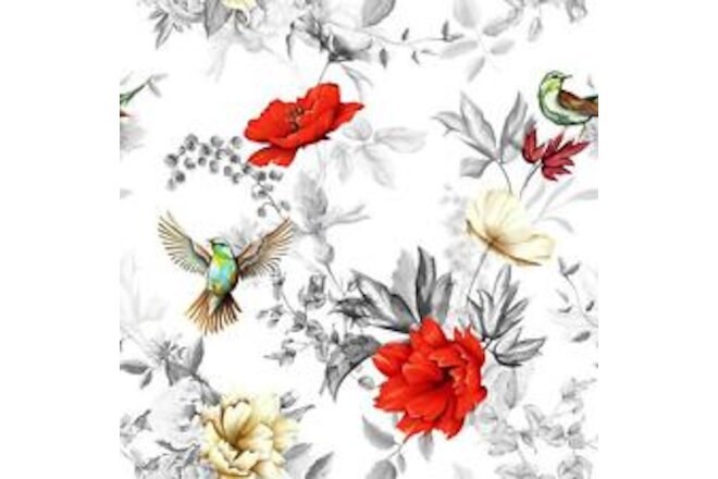 Summer Poppies and Birds Removable Wallpaper - 10'ft H x Red 10'ft H x 24''inch