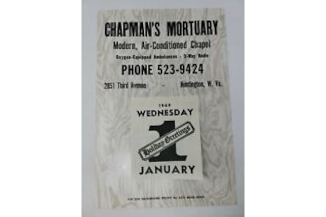 Chapman's Mortuary 1969 Vtg Salesman Sample Advertising Calendar Huntington WV