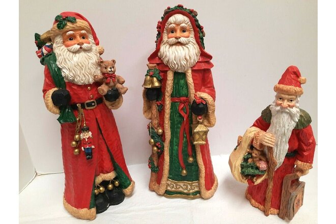 Lot of 3 Old World Santa Figurines 12" & 9" Wood Carved Look Resin Toys Bells