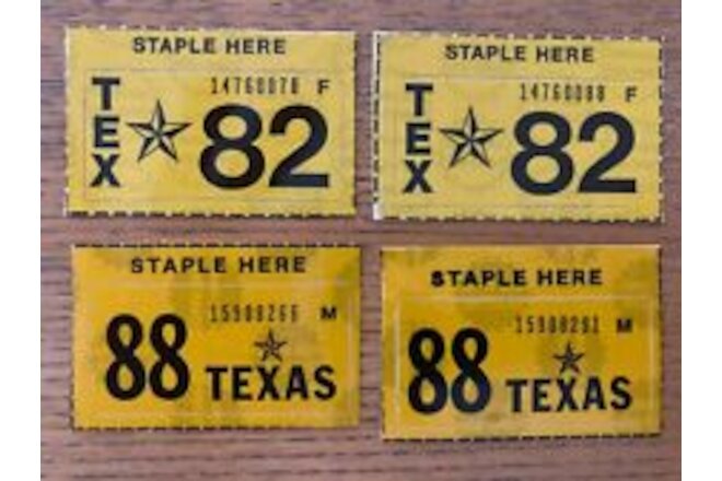 4 Unissued 1988 1982 TEXAS License Plate Stickers Hot Rod Man Cave Lowrider Auto