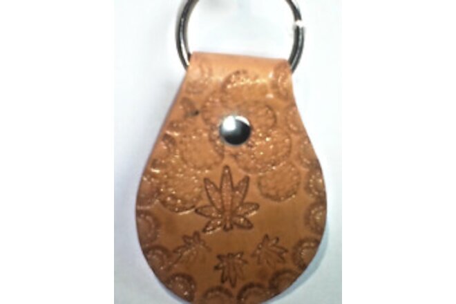 Leather key Fob -1 Canna Leaf +  Abstract background + a border made by a Vet