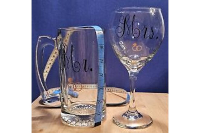 Engagement/Wedding Mr & Mrs Toasting Beer Mug & Wine Glass