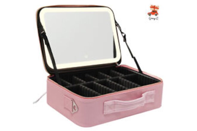 Portable Train Makeup Case with 3 Level LED Light Mirror Multifunction Pink Bag