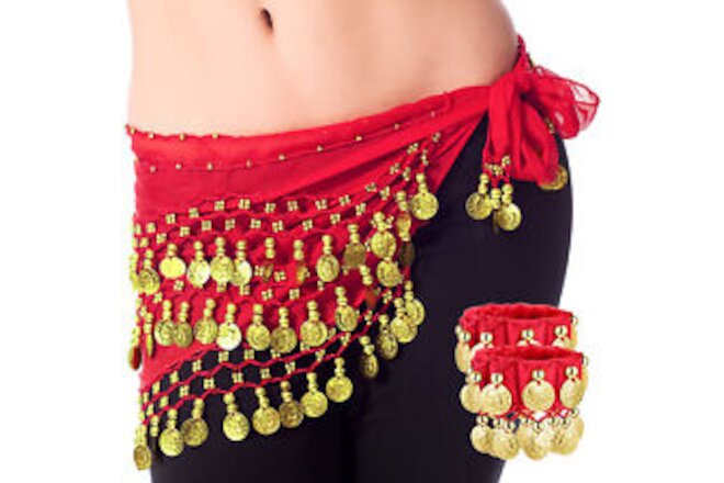 Red Gold Coin Belly Dance Hip Skirt Scarf Wrap Belt Hipscarf with Bracelets US