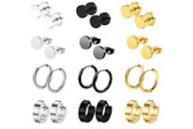 12 Pairs Stainless Steel Barbell Ear Stud Earrings Huggie Hoop Men Women's Gift