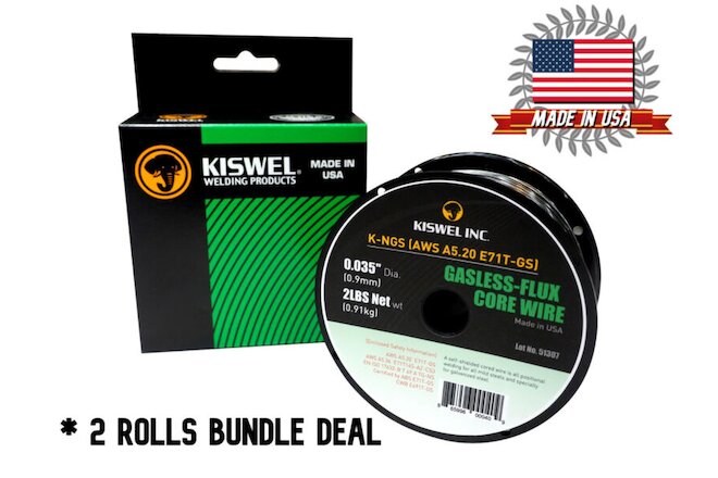Made in USA (2 Rolls) K-NGS E71T-GS .035 in. Dia 2lb. Gasless-Flux Core Wire