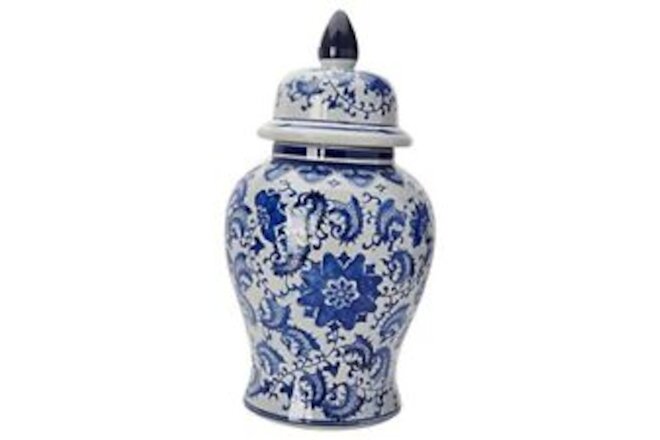 Oriental Furniture 18" & White Porcelain Temple Jar Floral Blue