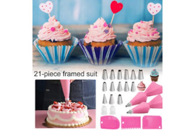 21Pcs Piping Bag and Tip Set Stainless Steel Cake Decorating Supplies. .a