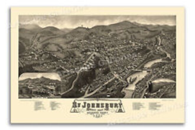 Bird's Eye View 1884 St. Johnsbury Vermont Vintage Style City Map - 16x24