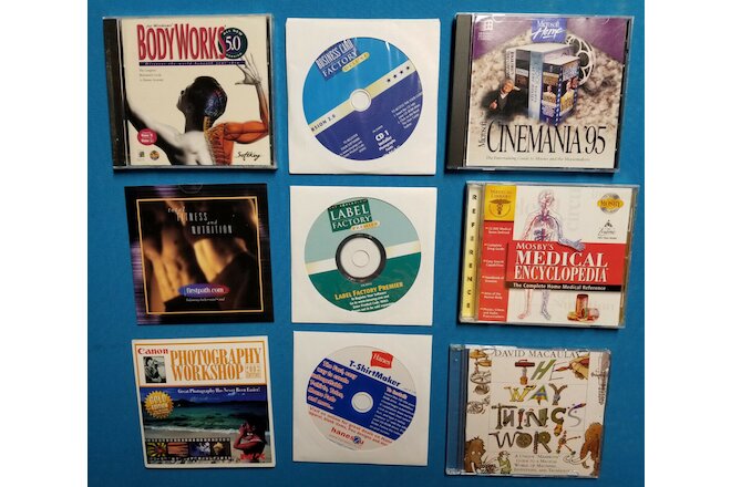 Lot of 9 Retro PC/MAC CDs Body Works Business Card Label Cinemania How It Works
