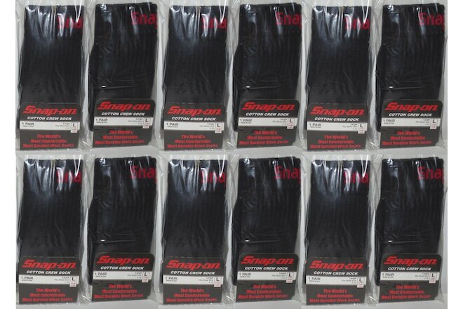 12 Snap-On CREW Socks BLACK LARGE ~ FREE SHIPPING ~ MADE IN USA  12 PAIRS *NEW*