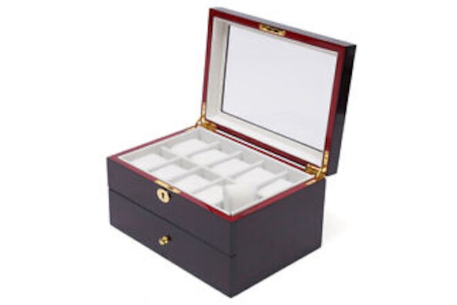 20 Slot Wood Watch Box Display Case Glass Top Jewelry Storage Organizer Box+Lock