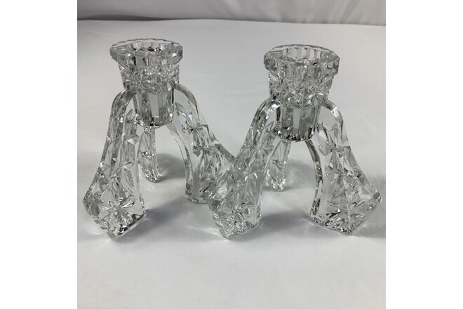 VTG Pair of Art Deco Footed Cut Clear Glass Candle Stick Holders 4 3/4” Stamped