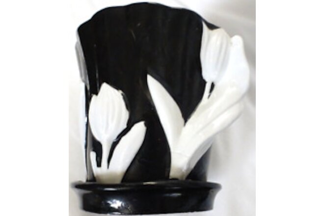 Gold Castle Made in Japan  Porcelain 4 1/2" Flower Pot Black White Applied Birds